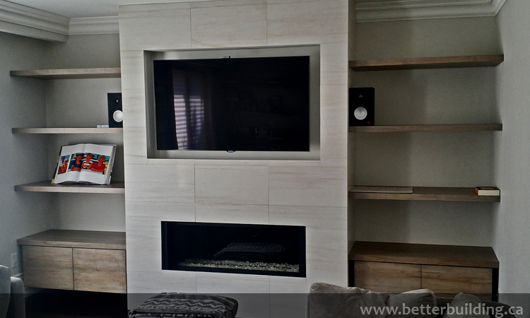 Custom Cabinets, Counters and Floating Shelves for Fireplace Surround